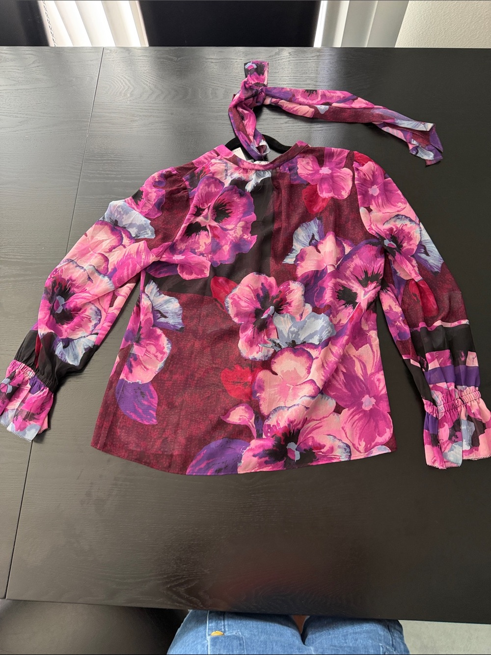 White House Black Market - Tie-Neck Floral Blouse in Pink/Purple - Picture 3 of 3